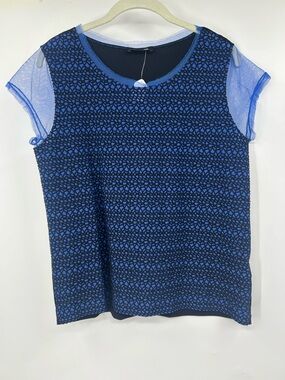 Cop.Copine Blue Black Isac Top Short Sleeve Tee Sheer Sleeves Size 40 US L